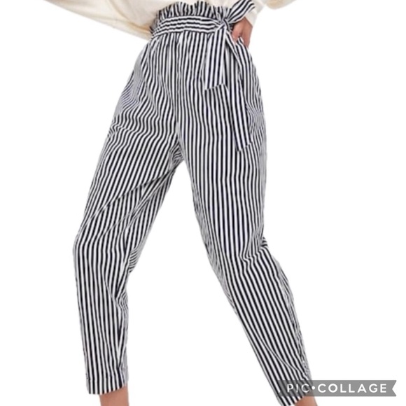 Zara Basic Navy & White Vertical Stripe High-Rise Paperbag Style Belted Pants - Picture 4 of 16